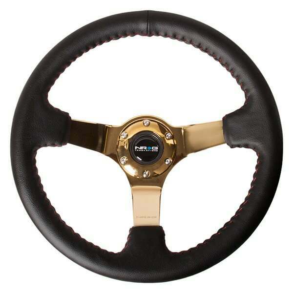 NRG Reinforced Steering Wheel - (3" Deep, 4mm ) 350mm Sport wheel - Black Leather, Red Baseball Stitch, Gold spoke - RST-036CG