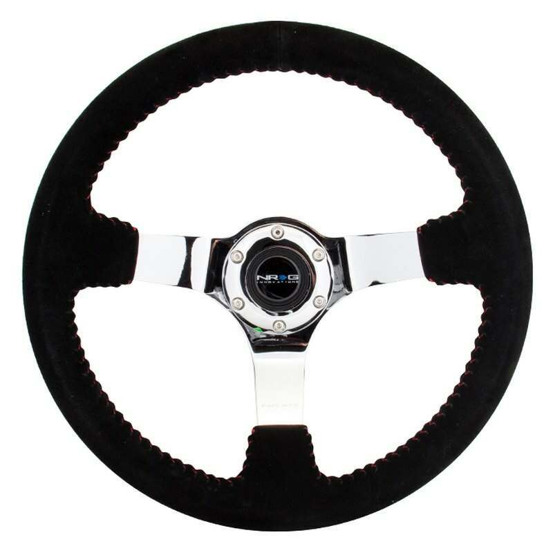 NRG Reinforced Steering Wheel - 350mm sport steering wheel (3' deep) black Suede with red baseball stitching - CHROME spoke - RST-036CH-S