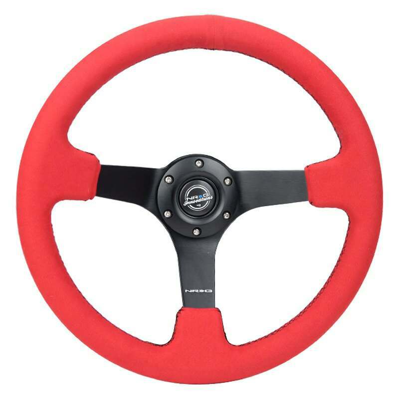 NRG Reinforced Steering Wheel - 350mm sport steering wheel (3' deep) Red Alcantara with Black baseball stitching - Matte Black spoke - RST-036MB-REA