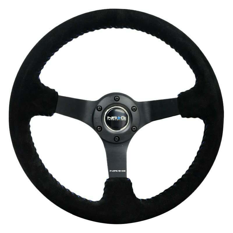 NRG Reinforced Steering Wheel - 3" Deep, 5mm matte black spoke, 350mm Sport Steering Wheel Black suede w/ Blue baseball stitching - RST-036MB-S-BL