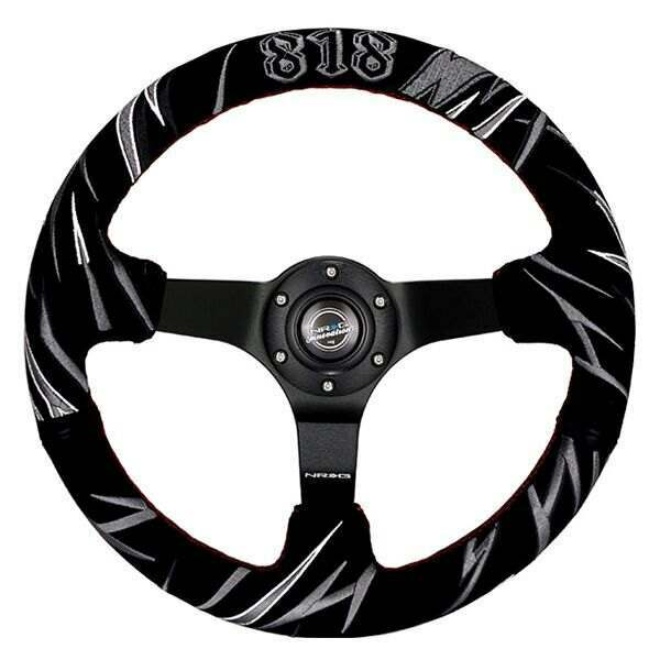 NRG Reinforced Steering Wheel - Jeff Jones Racing Signature 3" Deep, 5mm matte black spoke, 350mm Sport Steering Wheel Black suede w/ red Stitching and Car livery Grey Embroidery - RST-036MB-S-JJR