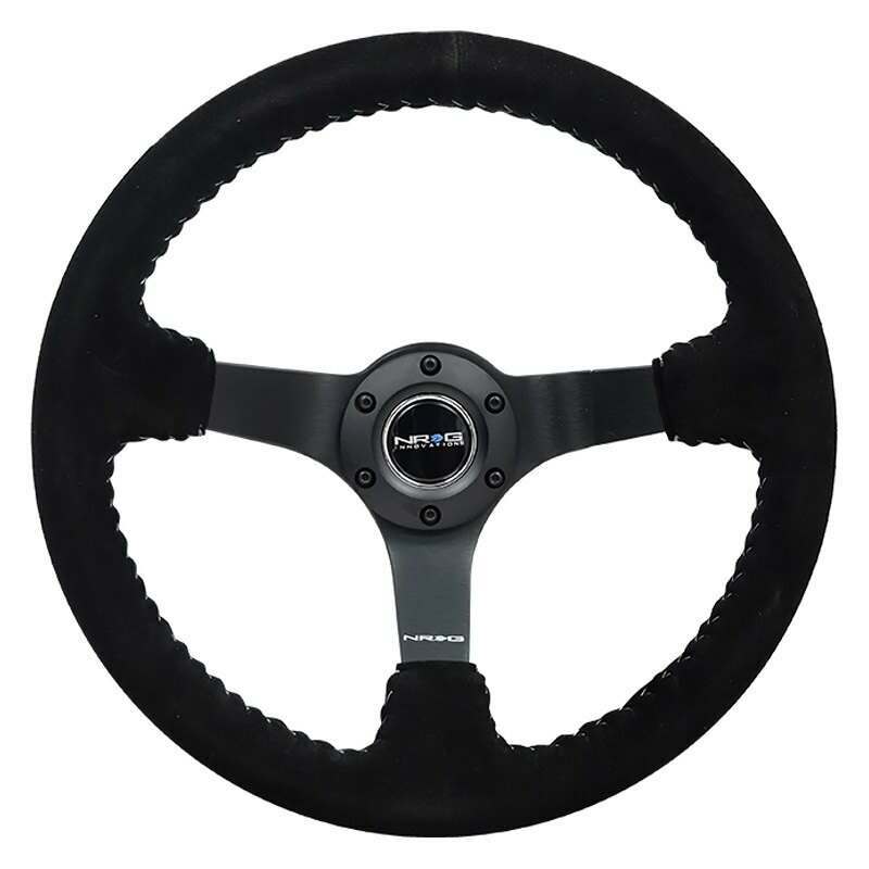 NRG Reinforced Steering Wheel - 3" Deep, 5mm matte black spoke, 350mm Sport Steering Wheel Black suede w/ Silver baseball stitching - RST-036MB-S-SL