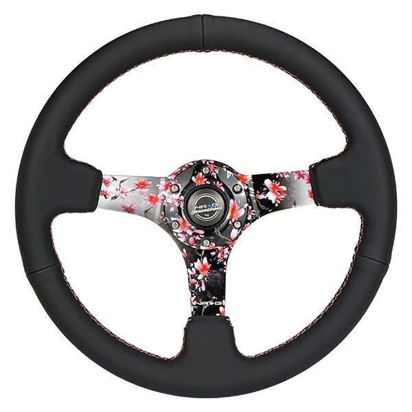 NRG Reinforced Steering Wheel - Hydro Dipped Sakura Floral 3" Deep, 5mm spoke, 350mm Sport Steering Wheel Pink Suede w/ Black baseball stitching - RST-036SAK-R