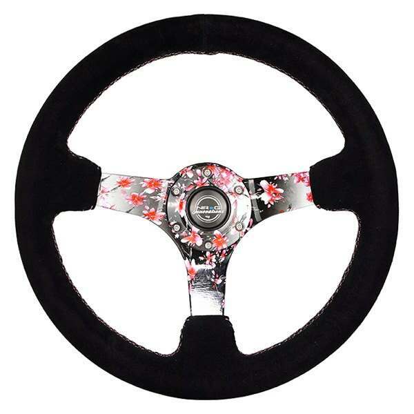 NRG Reinforced Steering Wheel - Hydro Dipped Sakura Floral 3" Deep, 5mm spoke, 350mm Sport Steering Wheel Pink Suede w/ Black baseball stitching - RST-036SAK-S