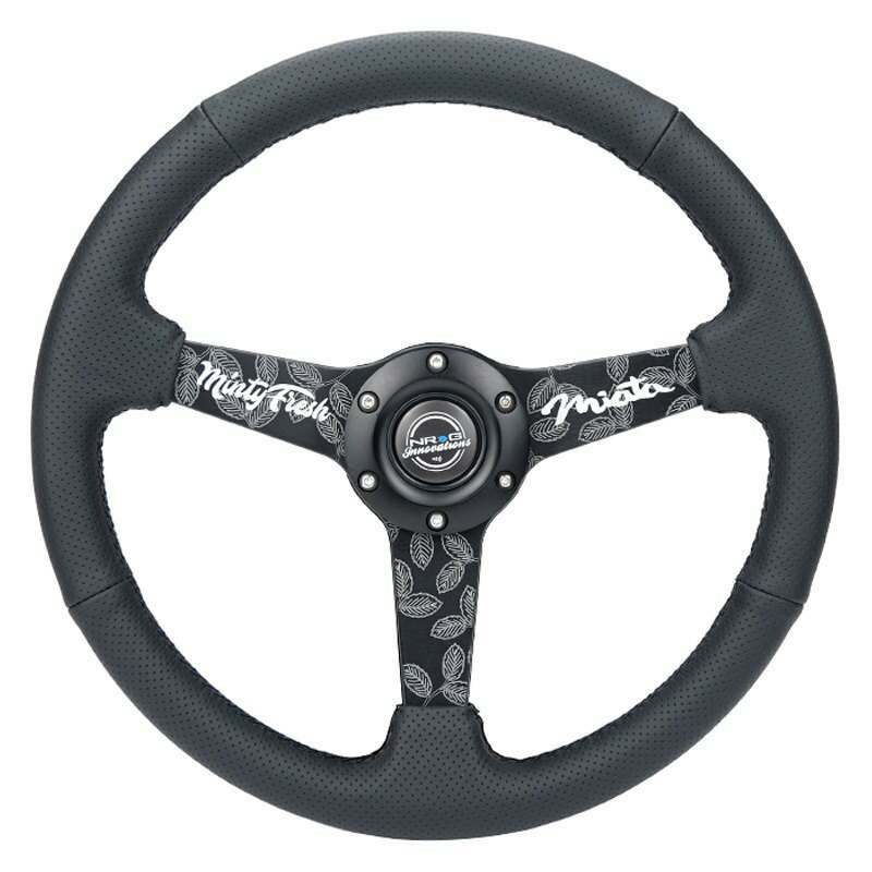 NRG 350mm sport steering wheel (1.5' deep) black perforated Leather with Black stitching - Matte Black Solid Spokes with Minty Fresh Miata Logo Etched - RST-037MB-MF