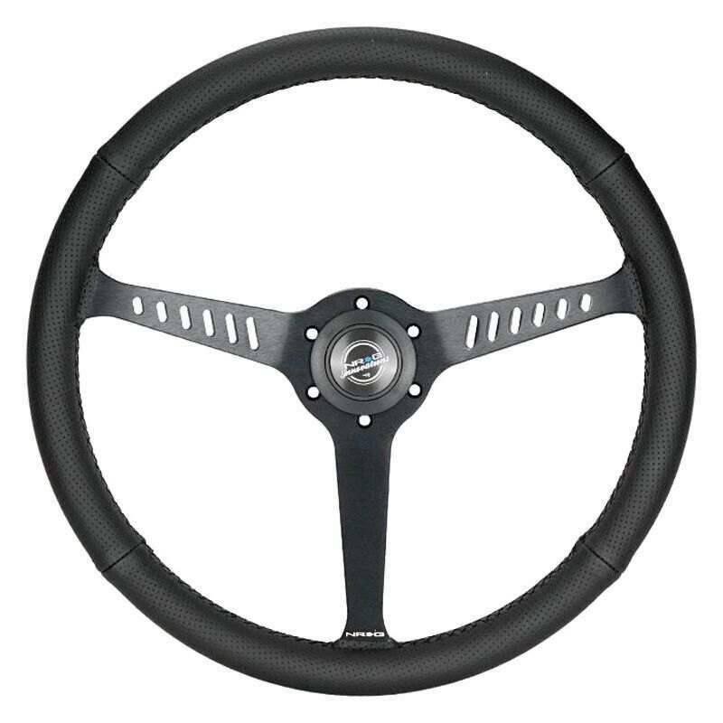 NRG Reinforced Classic Stealth Wheel, 380mm, 3 spoke center with diagnal slits, 1" Deep Dish with Perforated Leather and Black Stitching - RST-380-STL-B