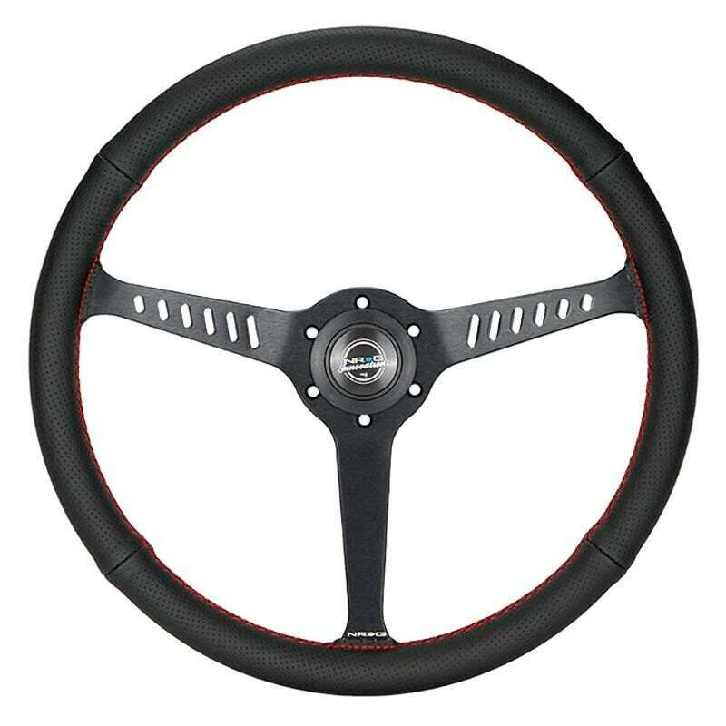 NRG Reinforced Classic Stealth Wheel, 380mm, 3 spoke center with diagnal slits, 1" Deep Dish with Perforated Leather and Red Stitching - RST-380-STL-R