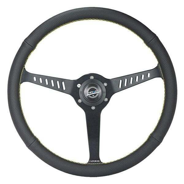 NRG Reinforced Classic Stealth Wheel, 380mm, 3 spoke center with diagnal slits, 1" Deep Dish with Perforated Leather and Yellow Stitching - RST-380-STL-Y