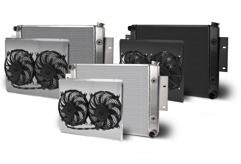 AFCO Aluminum Satin Radiator and Shroud 1964-67 GTO Dual Black Shroud Crossflow With Trans Cooler AFCO - 80298-S-DB-Y