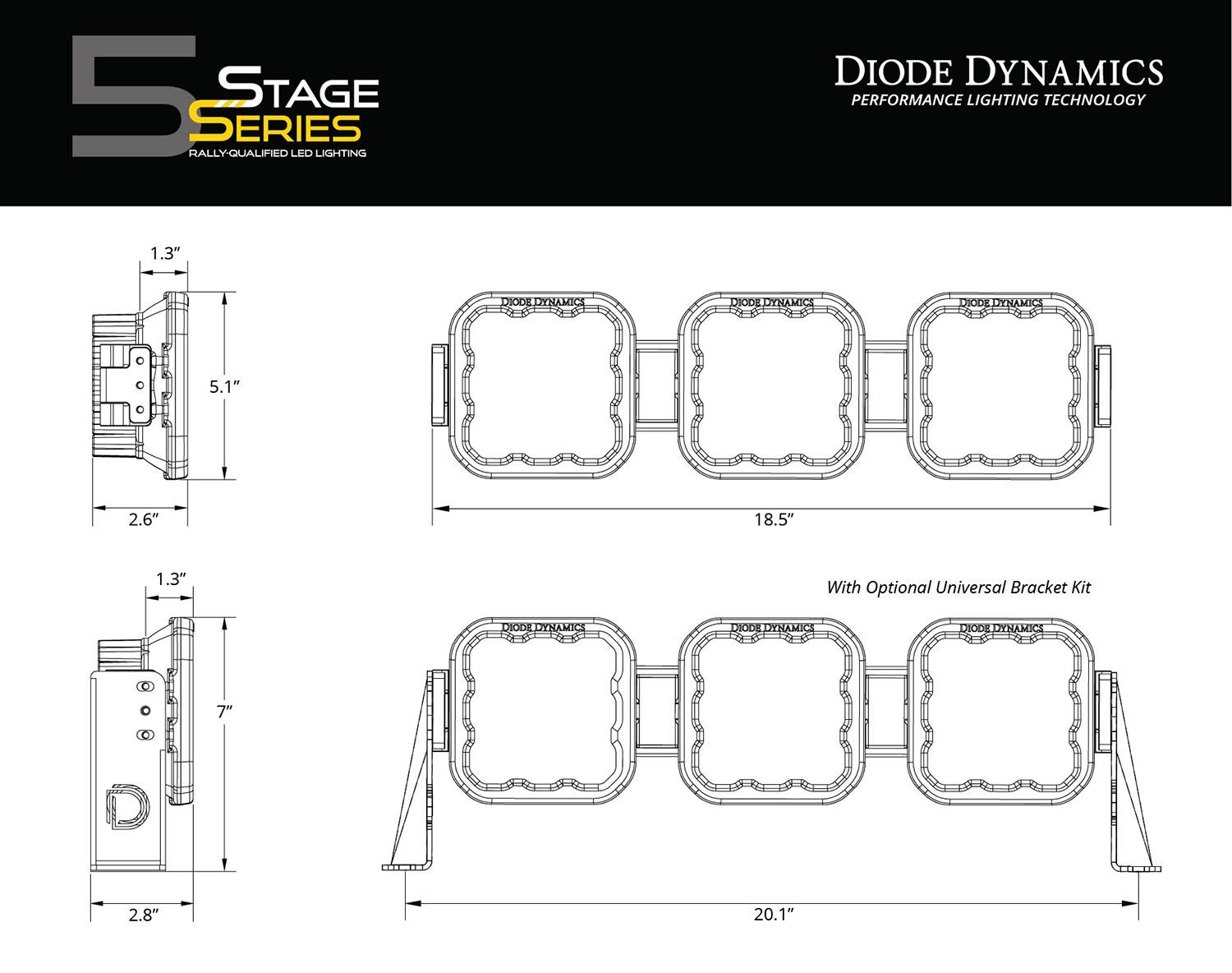 Diode Dynamics SS5 Pro Universal CrossLink 3-Pod Lightbar Yellow Combo Diode Dynamics - DD7239