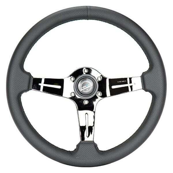NRG Light Weight Gaming Steering Wheel: Splitz- Made with perforated leather, light weight composits and Black Chrome spoke with slits - ST-010BC-PR