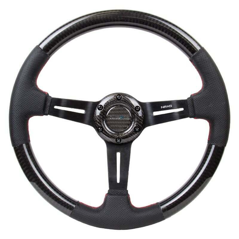 NRG CARBON FIBER STEERING WHEEL W/ LEATHER ACCENT 350mm 1.5" DEEP RED STICHING - ST-010CFRS