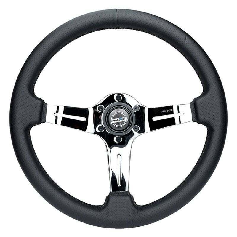 NRG Light Weight Gaming Steering Wheel: Splitz- Made with perforated leather, light weight composits and Chrome spoke with slits - ST-010CH-PR