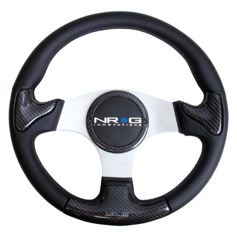 NRG CARBON FIBER STEERING WHEEL 350mm SILVER frame blk stitching w/ RUBBER COVER HORN BUTTON - ST-014CFSL