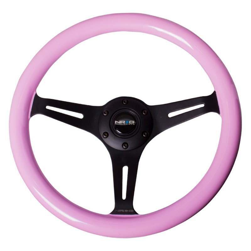 NRG Classic Wood Grain Wheel, 350mm 3 black spokes, solid pink painted grip - ST-015BK-PK