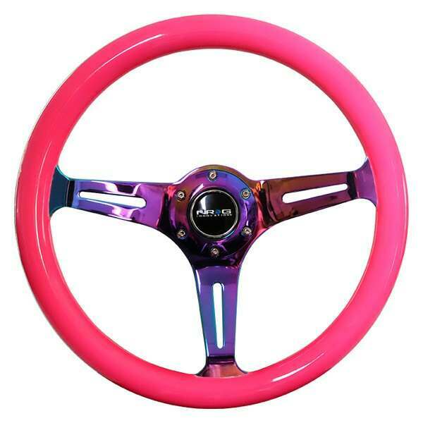 NRG Classic Wood Grain Wheel, 350mm 3 Neochrome spokes-Neon PINK Color - ST-015MC-NPK