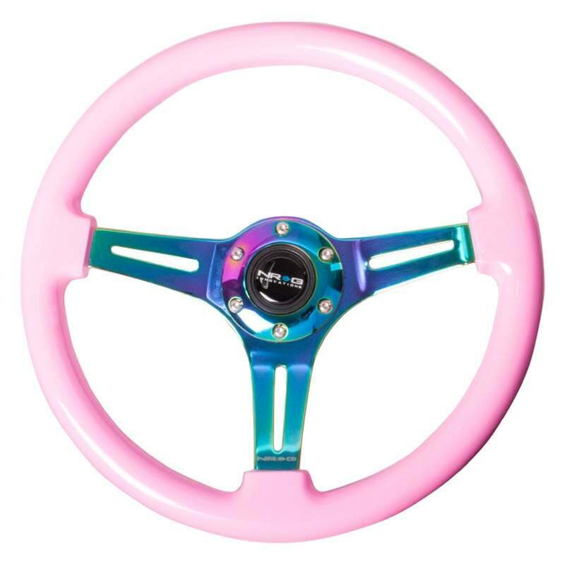 NRG Classic Wood Grain Wheel, 350mm 3 Neochrome spokes, solid pink painted grip - ST-015MC-PK