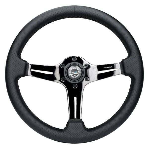 NRG Light Weight Gaming Steering Wheel: Blitz- Made with perforated leather, light weight composits and Black Chrome spoke with slits. No Dish - ST-018BC-PR