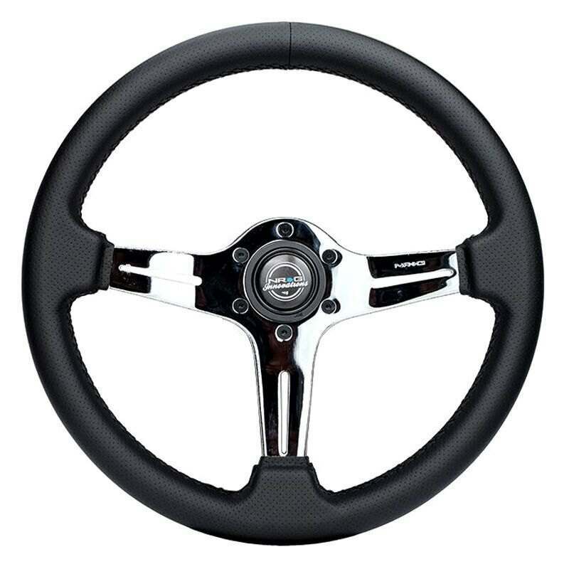 NRG Light Weight Gaming Steering Wheel: Blitz- Made with perforated leather, light weight composits and Chrome spoke with slits. No Dish - ST-018CH-PR