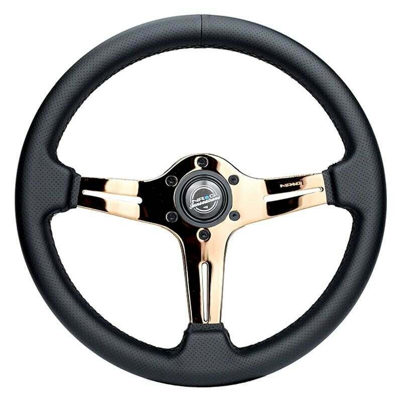 NRG Light Weight Gaming Steering Wheel: Blitz- Made with perforated leather, light weight composits and Rose Gold spoke with slits. No Dish - ST-018RG-PR