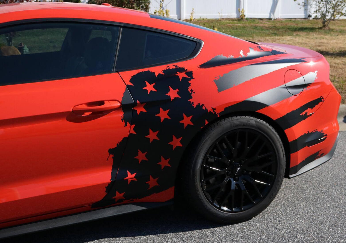 Anchor Room Tattered American Flag Body Graphics - White Gloss , Driver & Passenger Side( +$75.00)(2015-2023 Mustang) - 15FM_TAF_BS_GW