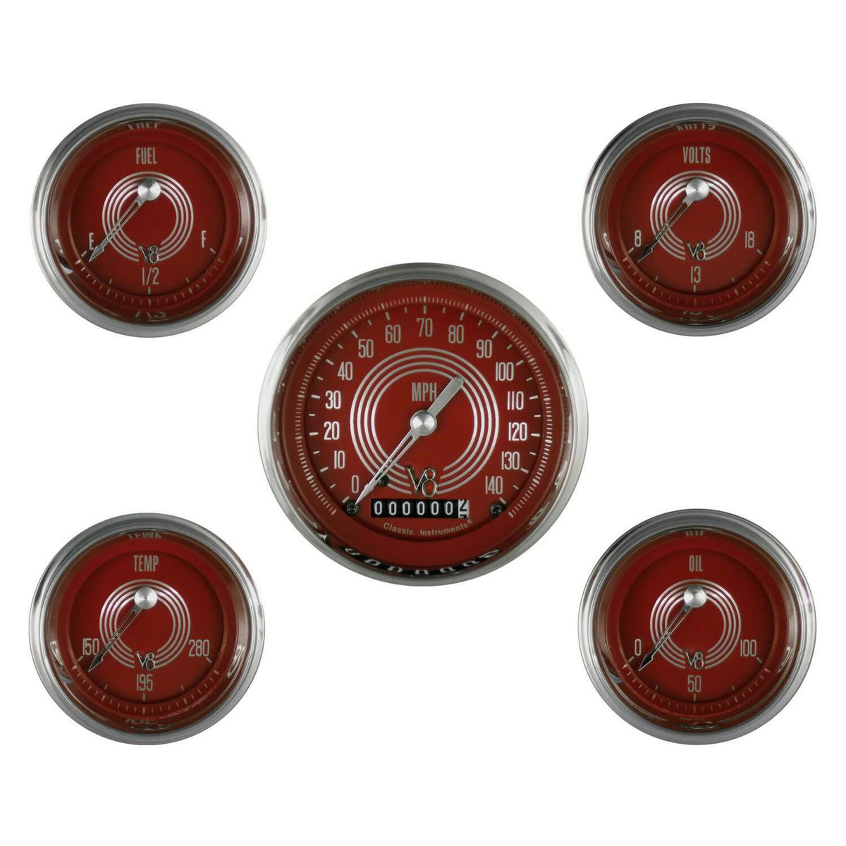 Classic Instruments V8 Red Steelie 5 Gauge Set - V8RS00SHC