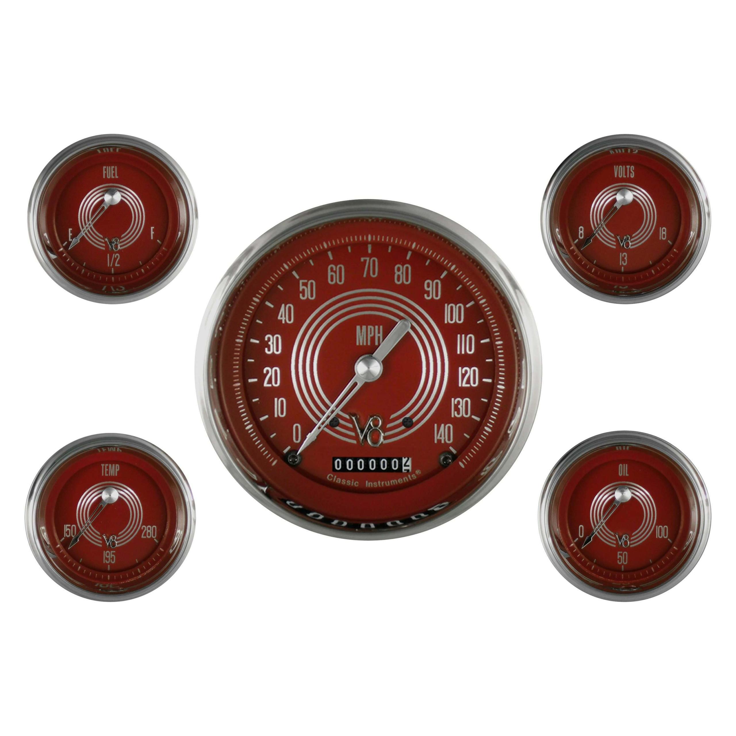 Classic Instruments V8 Red Steelie 5 Gauge Set - V8RS54SLC