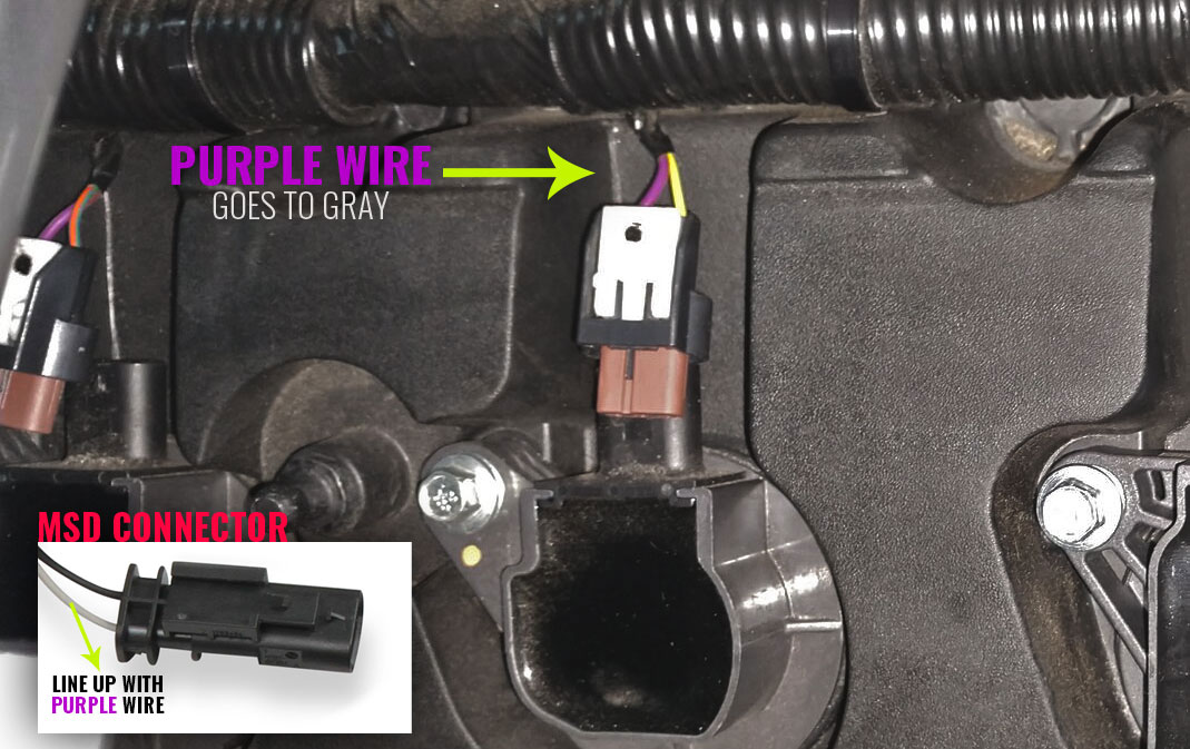 The purple wire on the OEM connector should connect with the gray wire on the MSD connector